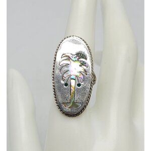 Vintage Artist Signed Taxco Sterling Silver Abalone Palm Tree Ring Size 8